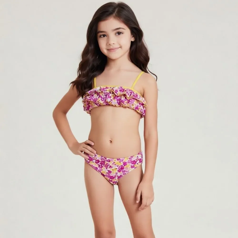 Coastalista Floral Bikini Swimsuit Set Girls Yellow Pink Ruffle Swimwear 4 6